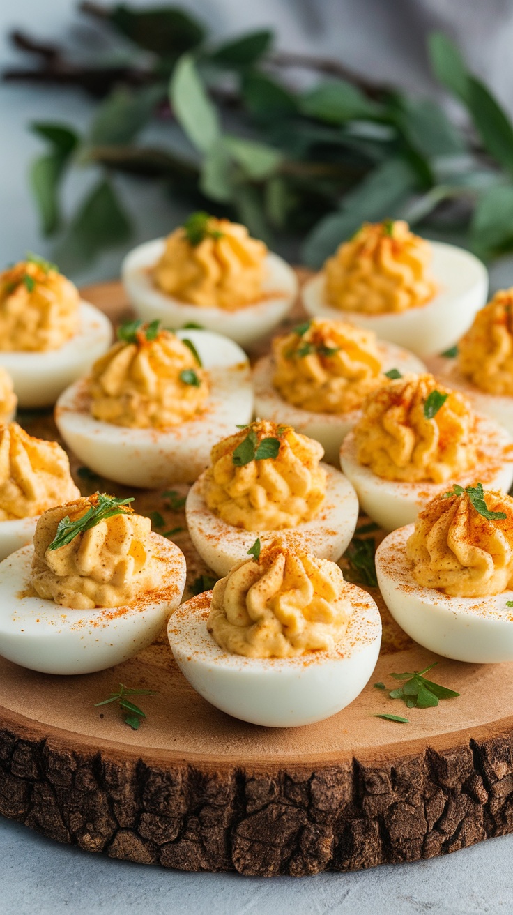 A platter of classic deviled eggs garnished with paprika and herbs on a wooden board.